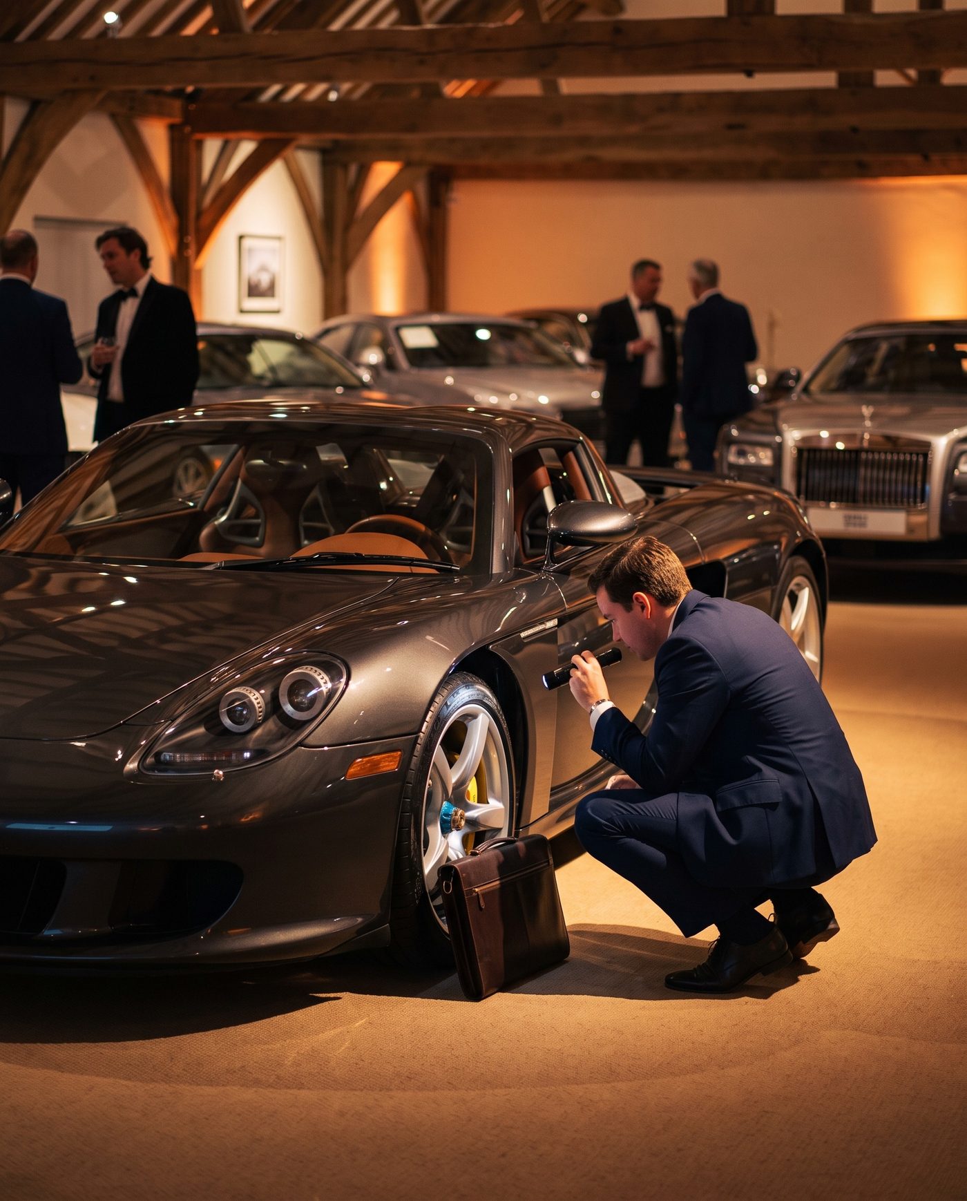 Specialist inspecting a Porsche Carrera GT with a flashlight at a private collector showroom