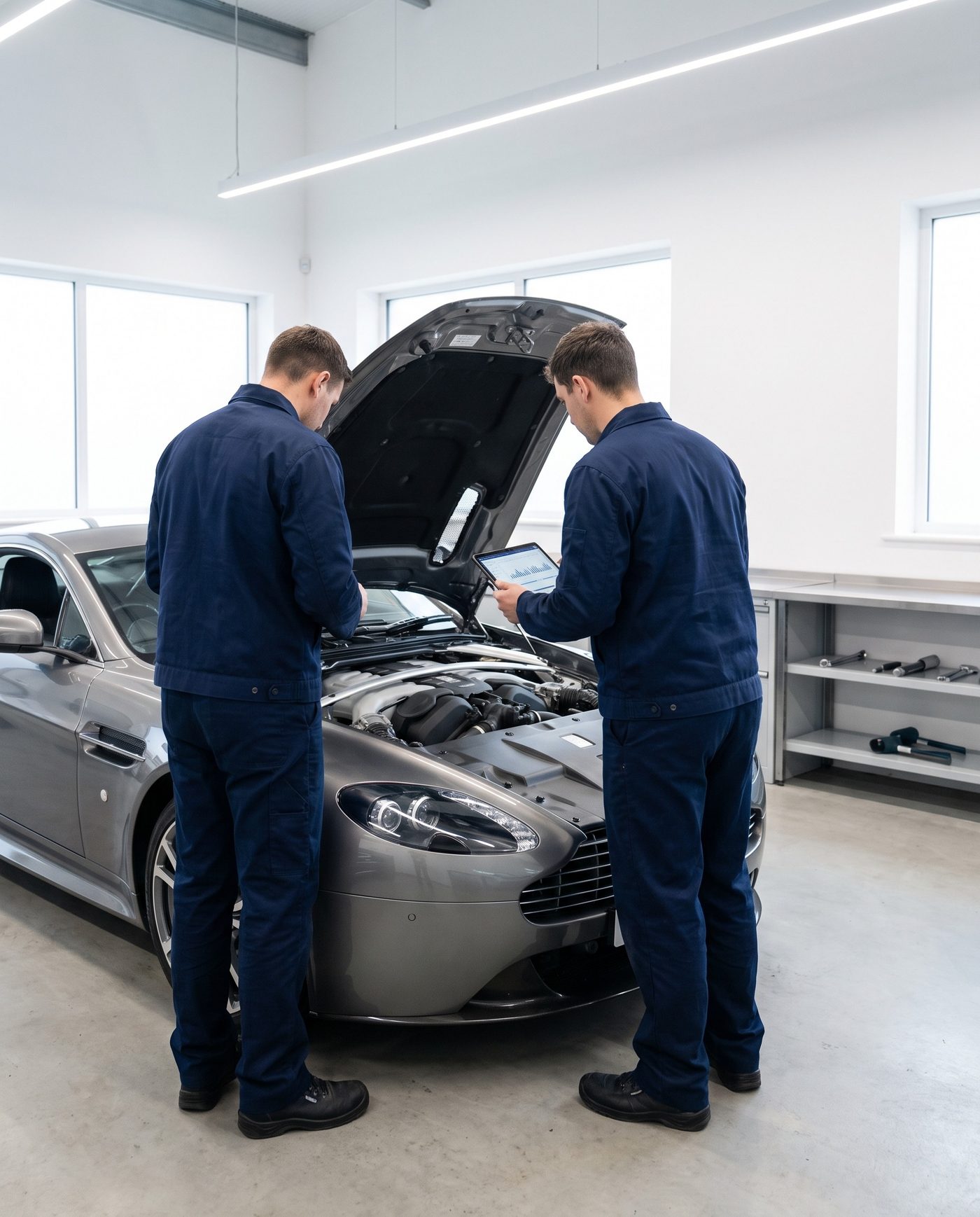 Two technicians inspecting the engine bay of an Aston Martin with a diagnostic tablet