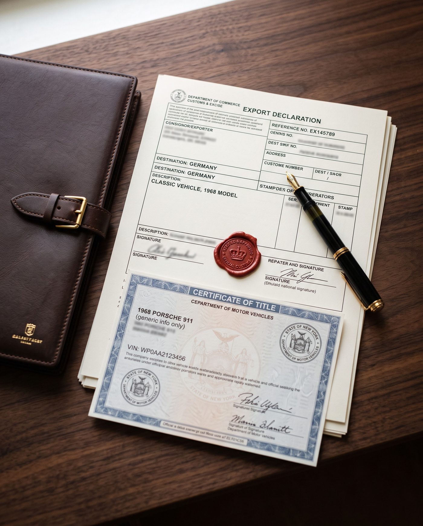 Export declaration, certificate of title and official customs seal with a fountain pen on a desk