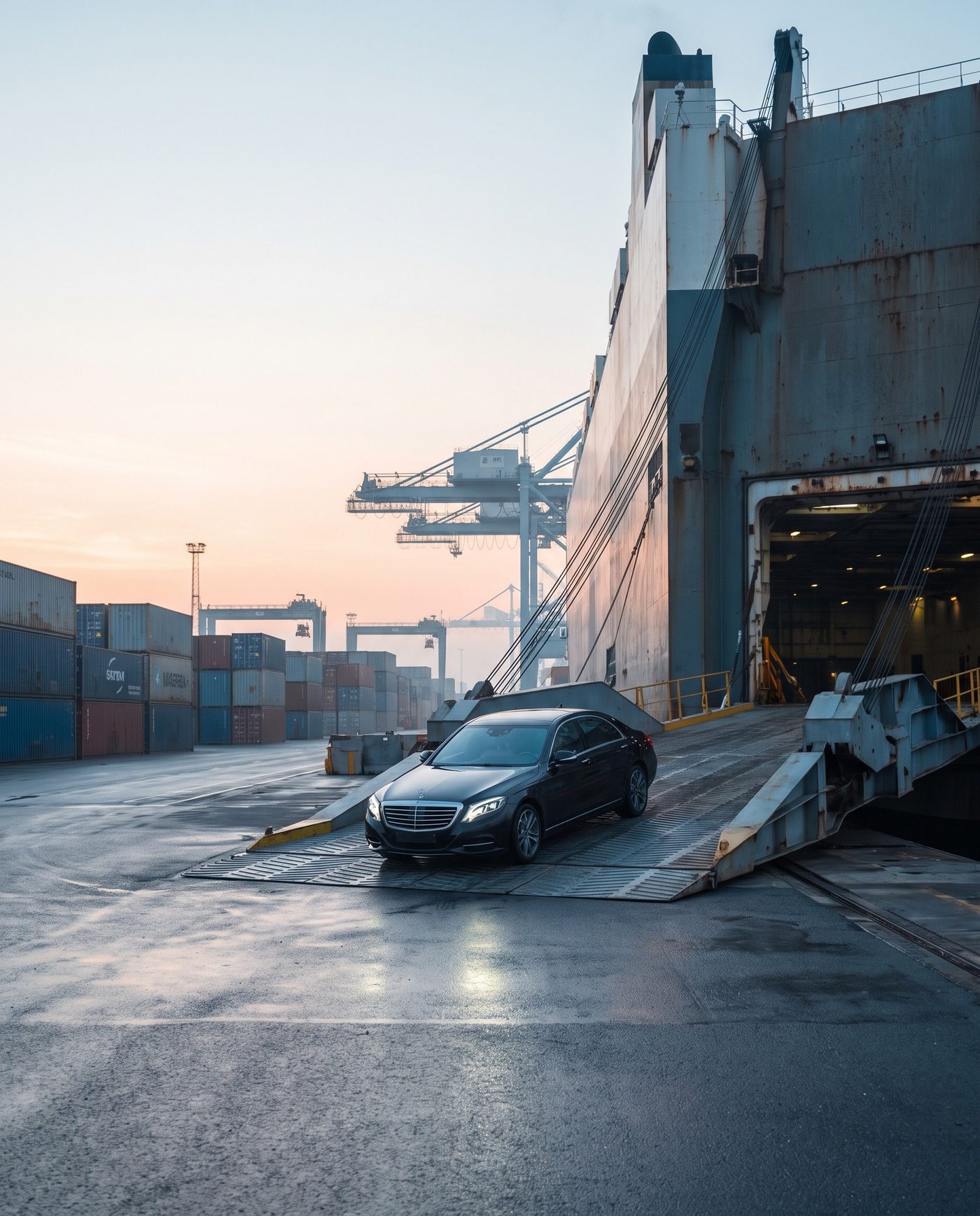 Mercedes-Benz S-Class driving up the ramp of a RoRo vessel at a port at dawn