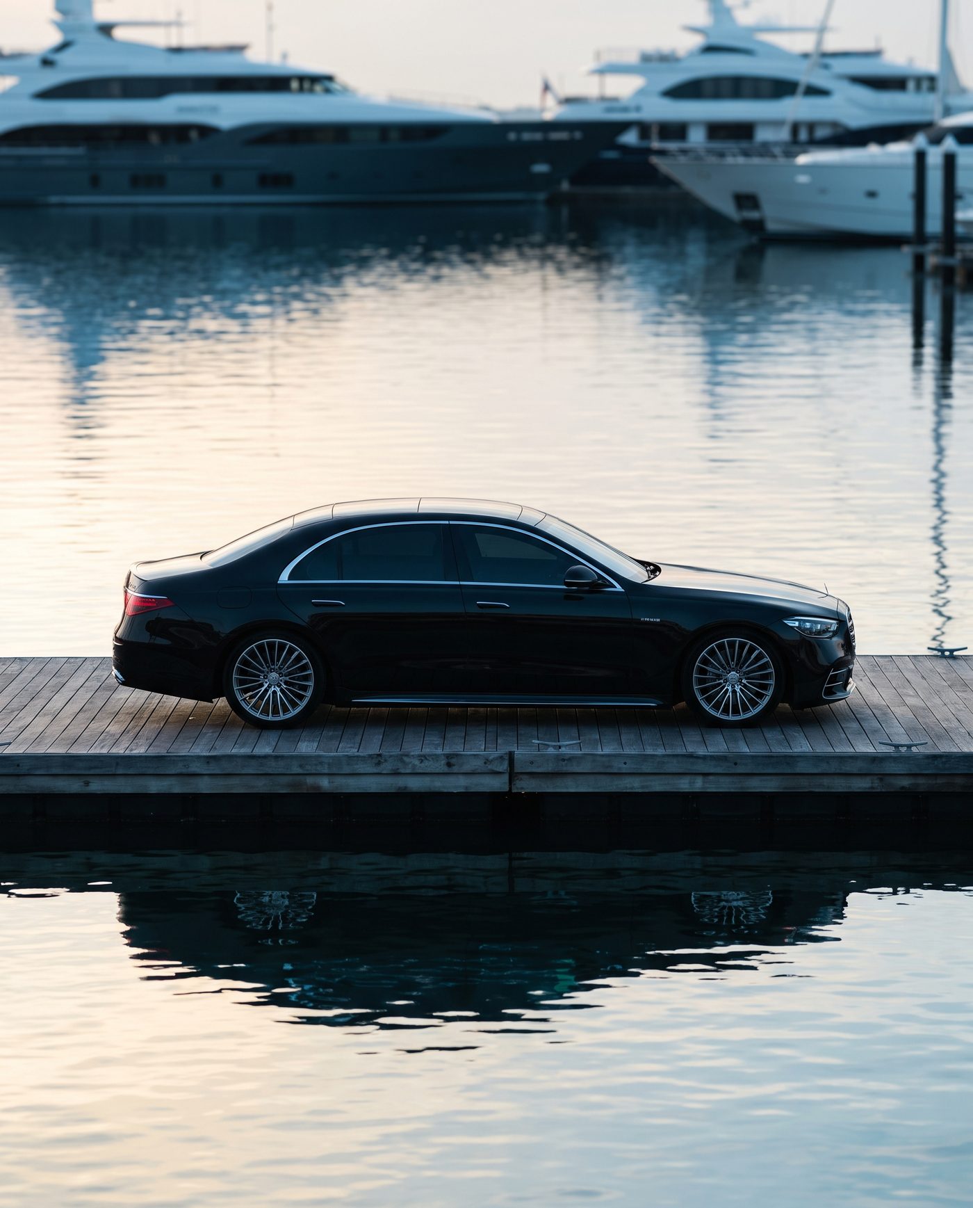 2022 Mercedes-AMG S 63 in black, side profile on a marina dock at sunrise