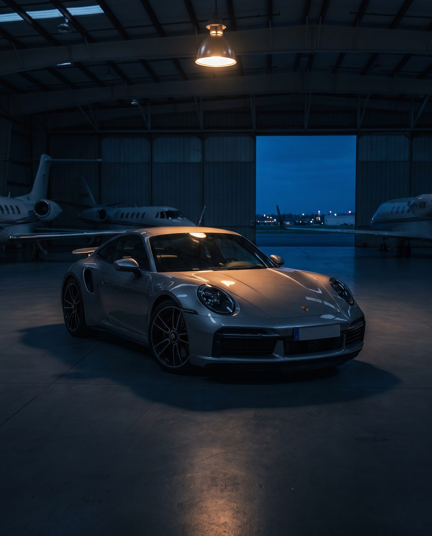 2023 Porsche 911 Turbo S in GT silver, three-quarter front view inside a private hangar at dusk