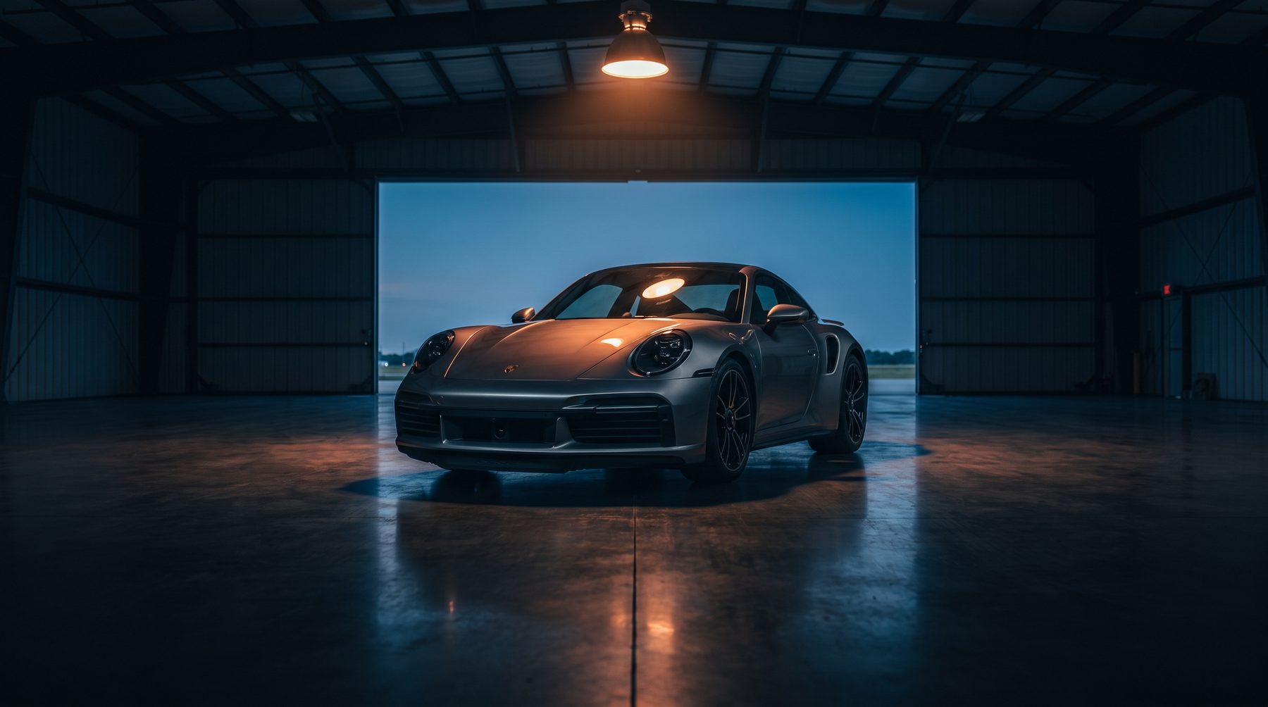 2023 Porsche 911 Turbo S, three-quarter front exterior inside a private hangar at dusk
