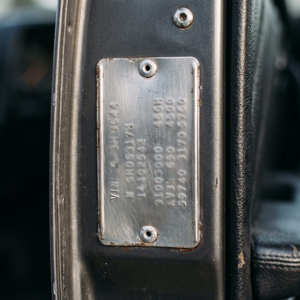 Macro photograph of the vehicle identification plate, numbers deliberately out of focus for privacy